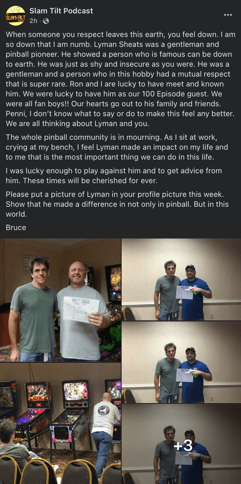 Pinball enthusiasts together, remembering Lyman Sheats at a memorial gathering