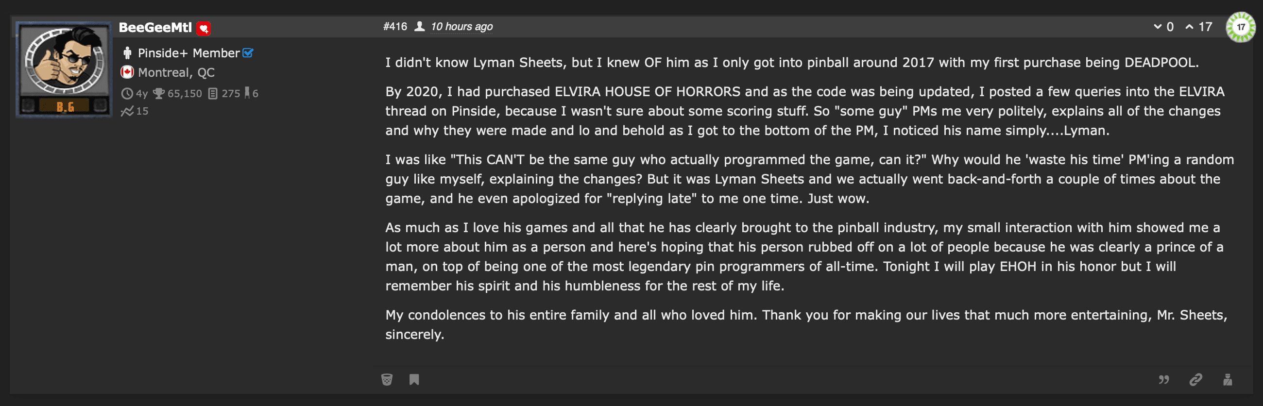 Forum post paying tribute to Lyman Sheets, pinball game programmer