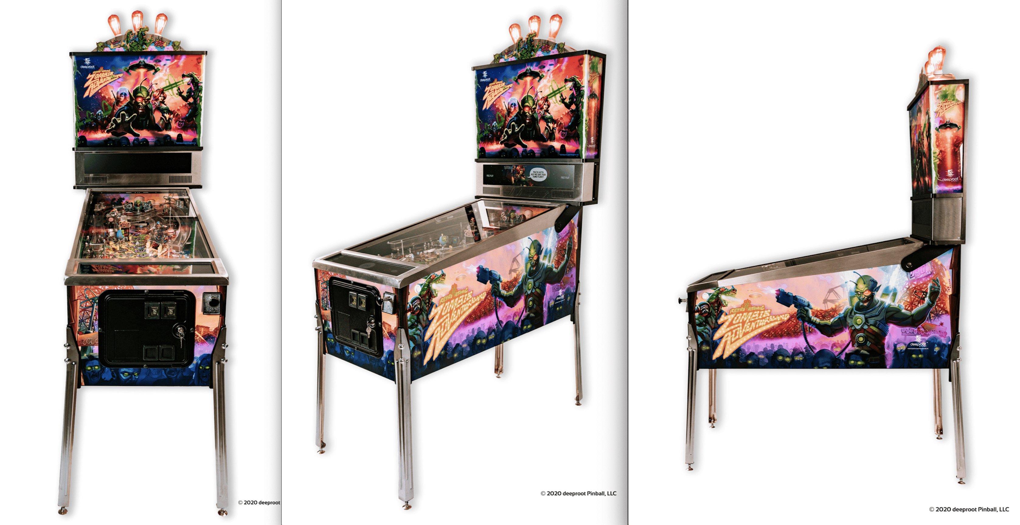 Colorful sci-fi themed pinball machine with vibrant artwork from multiple angles