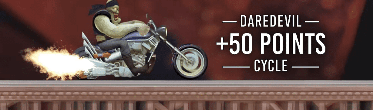 Cartoon character riding flaming motorcycle with "Daredevil +50 Points" text