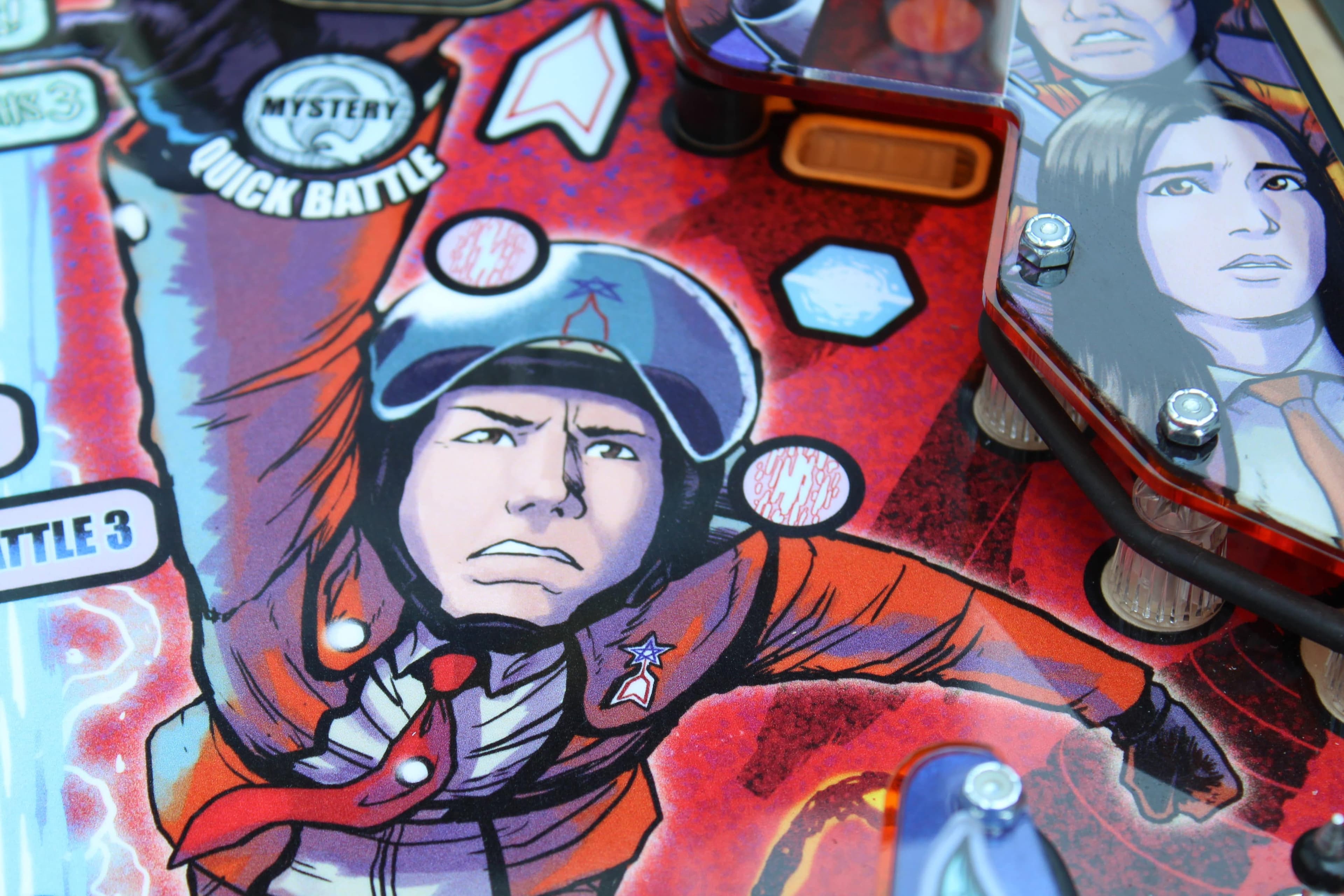 Comic book illustration of an intense character in red space suit