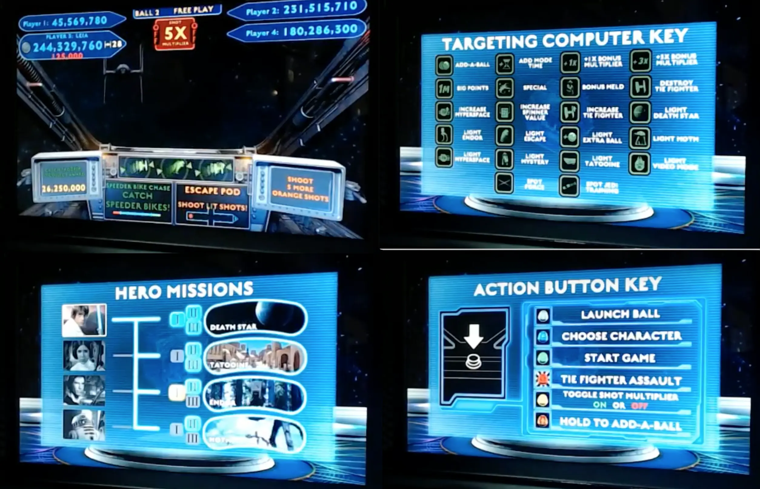Star Wars video game menu screens with mission and control options