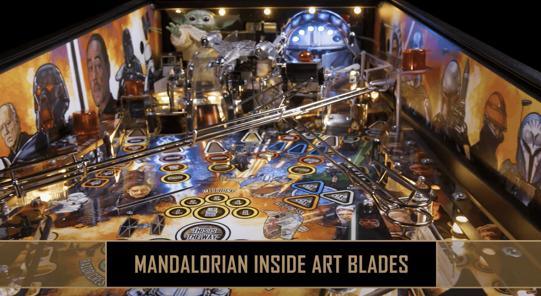 The Mandalorian pinball machine with characters and scenes from the show