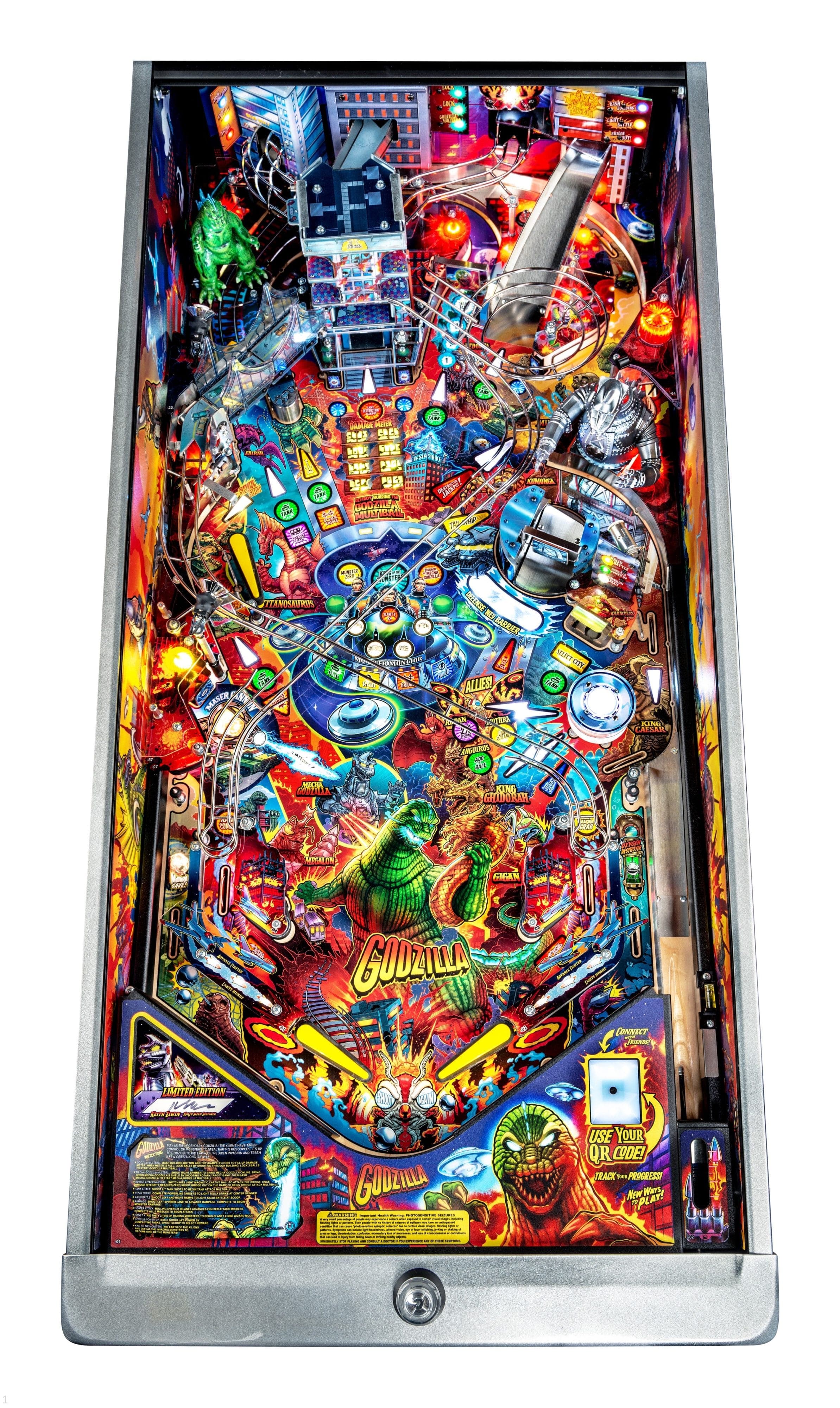 Colorful Godzilla-themed pinball machine with monsters, city, and vibrant design