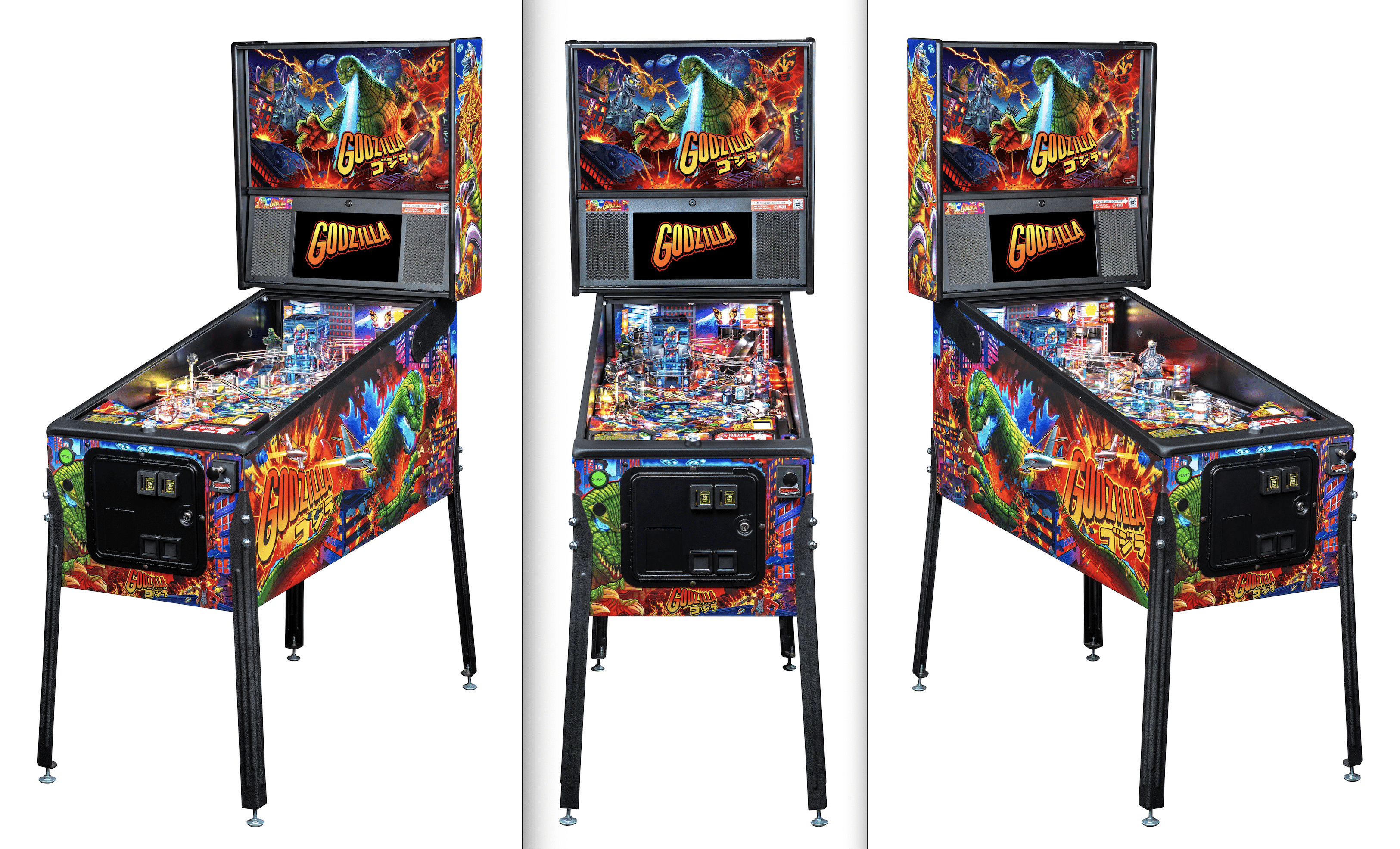 Godzilla-themed pinball machine with colorful artwork and detailed playfield