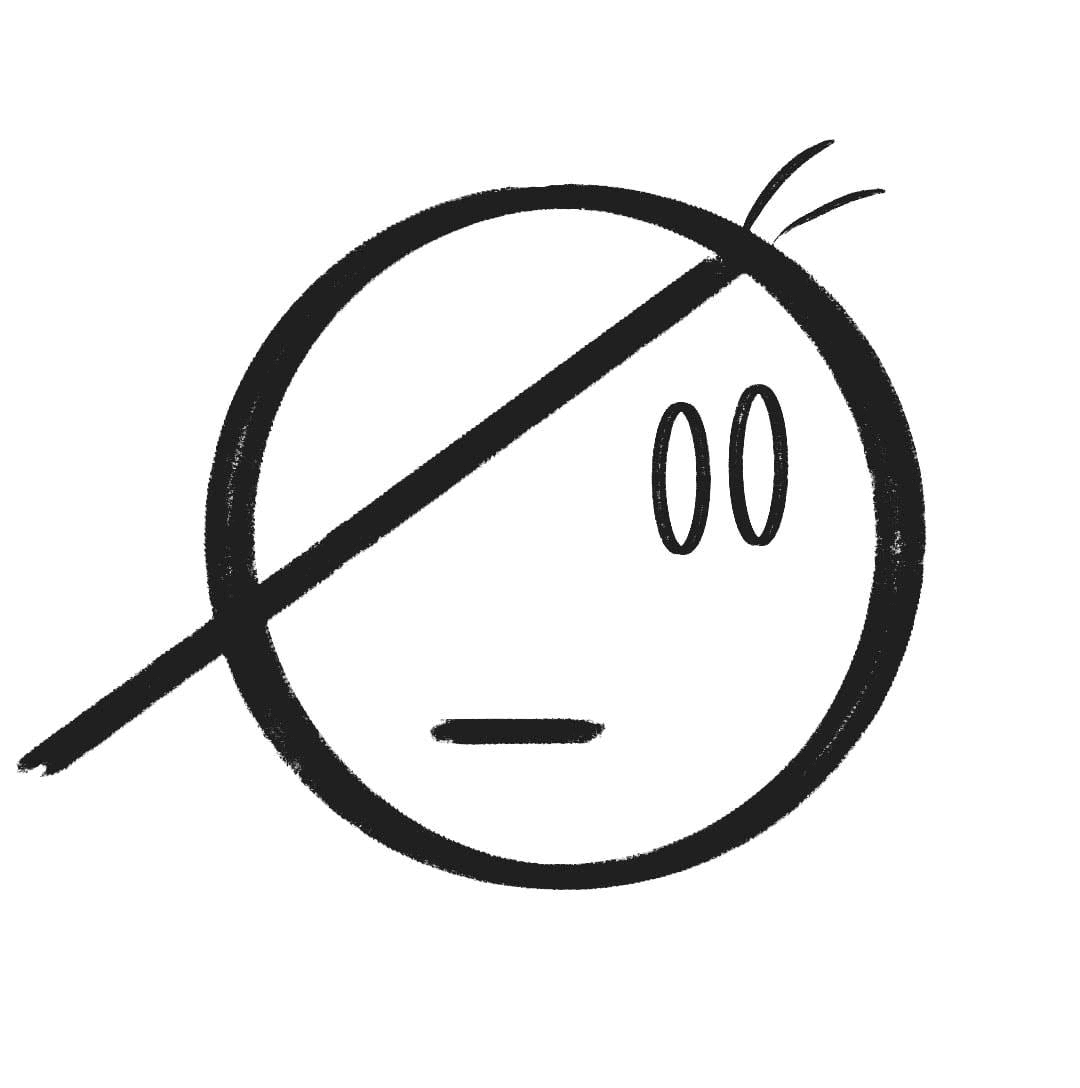 Black and white prohibited sign with minimalist cartoon face