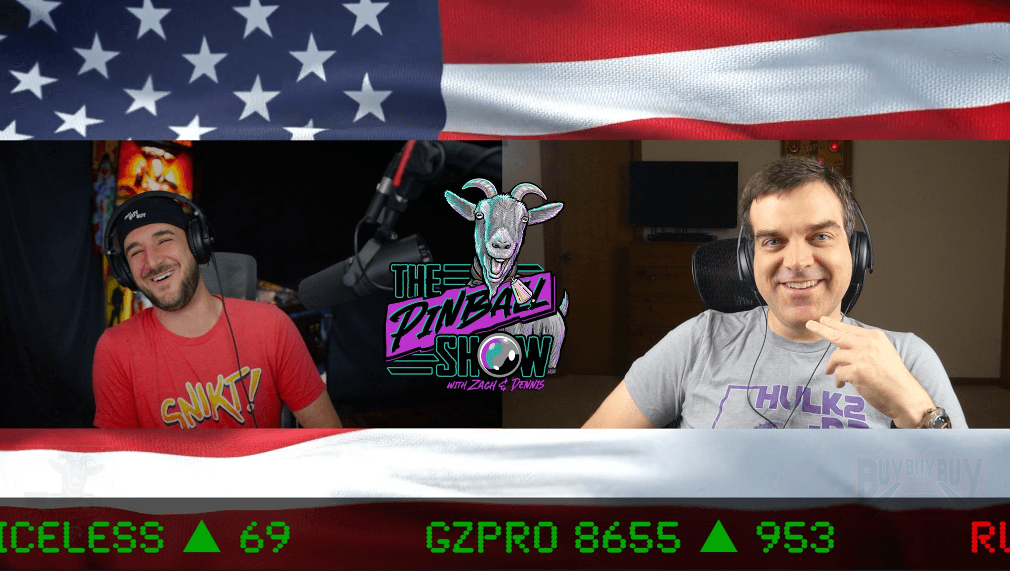Two hosts of The Pinball Show podcast with American flag background