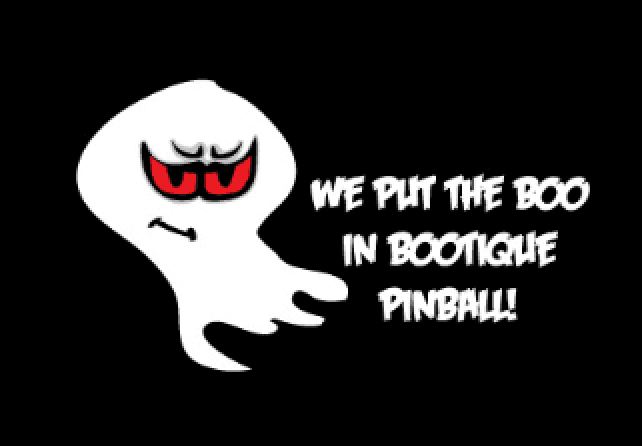 Cartoon ghost with red eyes saying we put the boo in bootique pinball