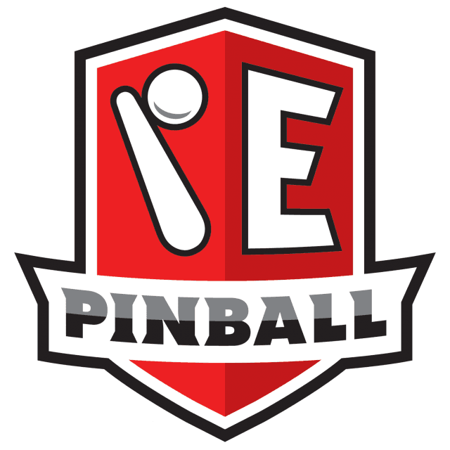 Stylized red and white pinball logo with bold letters IE