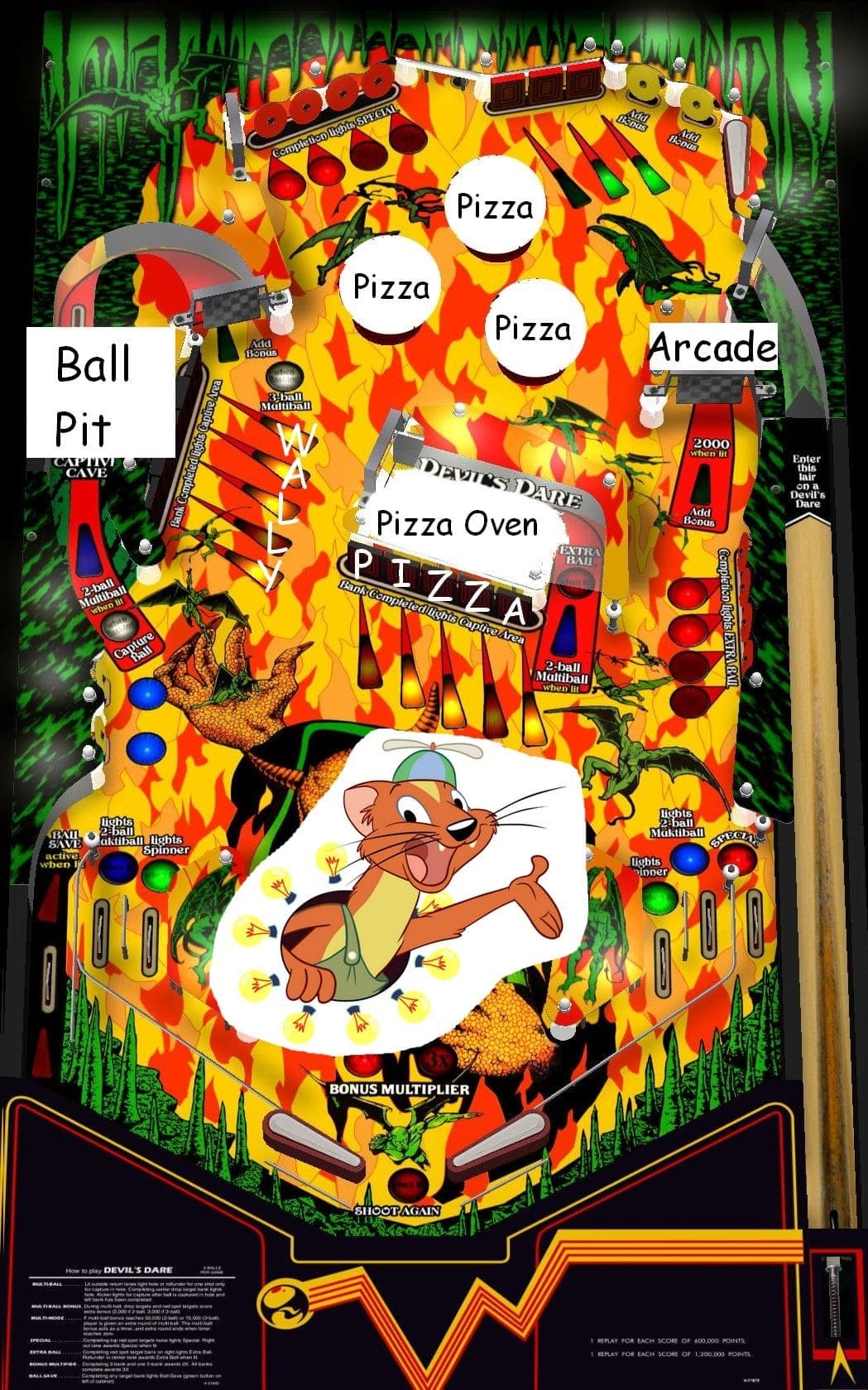 Pizza-themed pinball machine with cartoon mouse, flames, and game elements