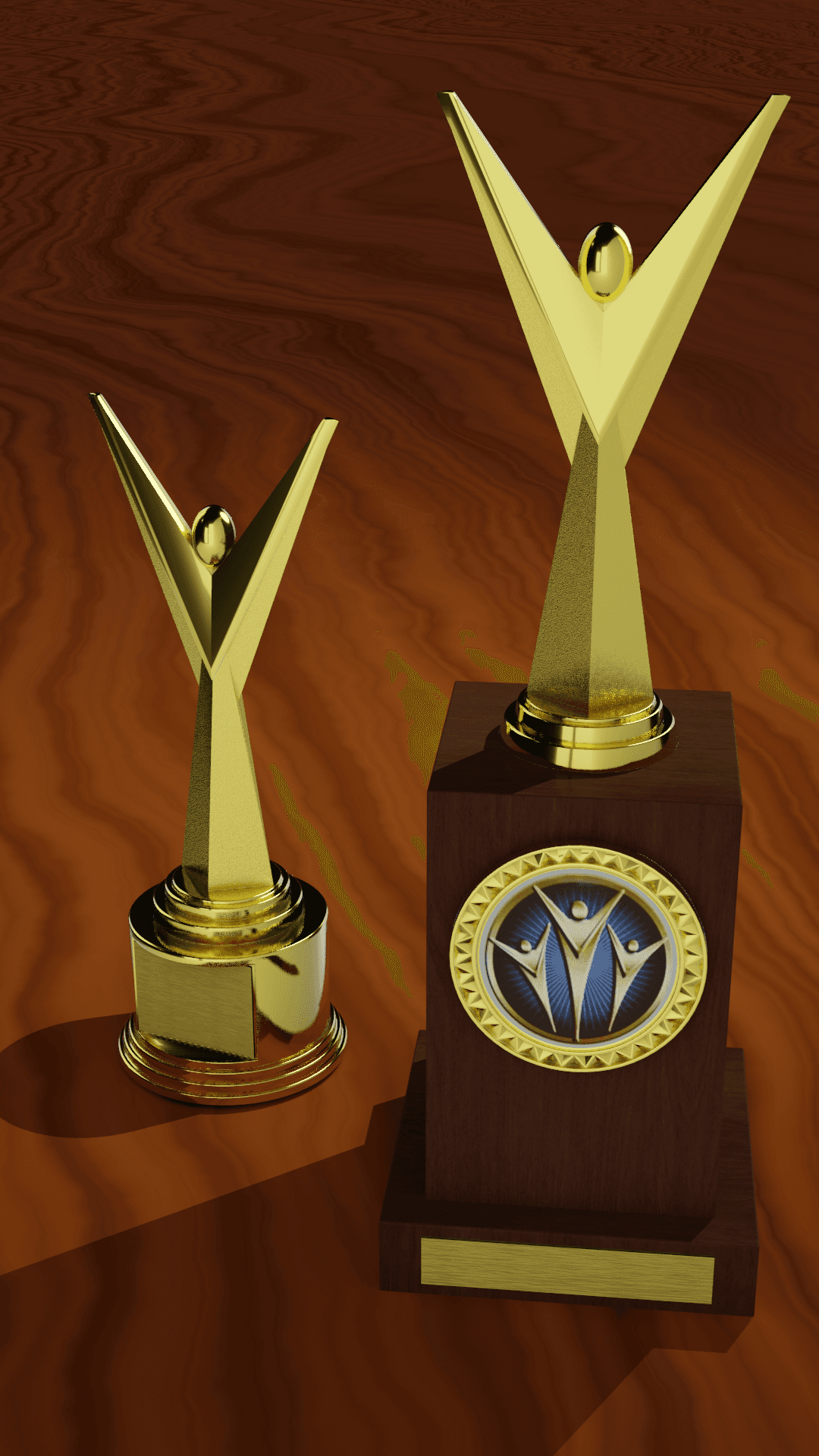 Golden abstract achievement trophies on wooden background