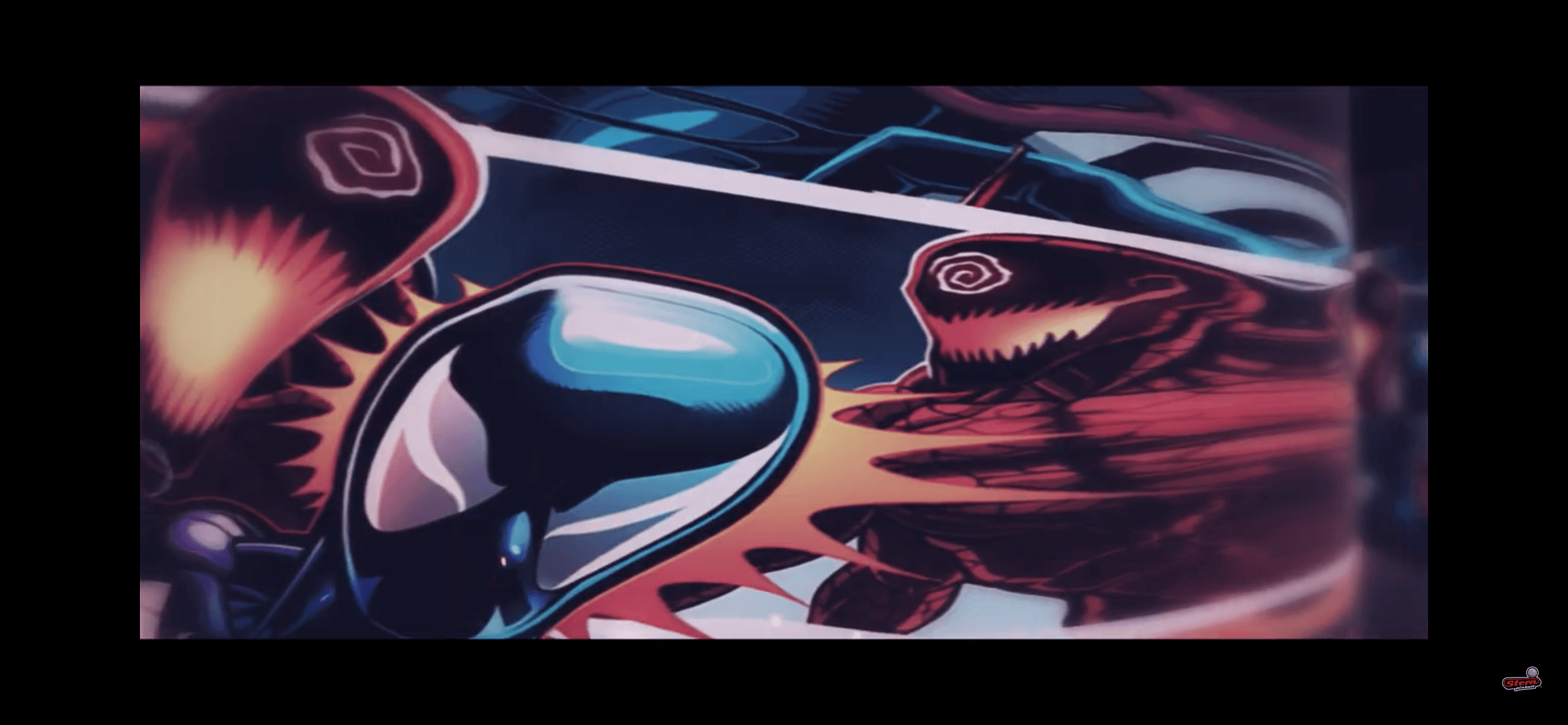 Abstract digital art with swirling blue, red, and black organic shapes