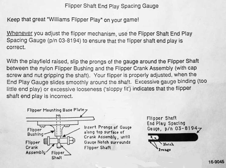 Diagram explaining how to use Flipper Shaft End Play Spacing Gauge