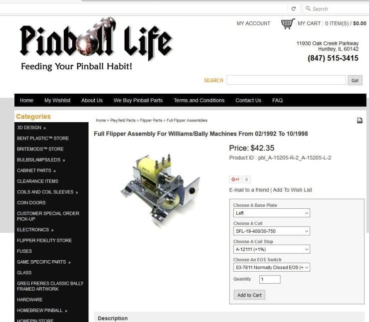 Pinball machine flipper assembly part for Williams/Bally machines