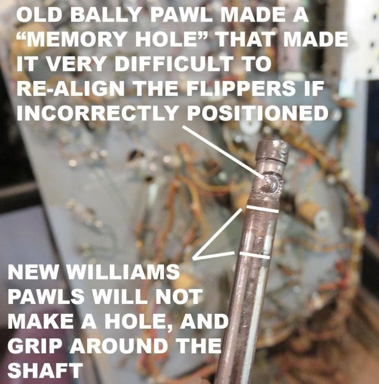 Comparison of old and new pinball machine pawl design with text explanation