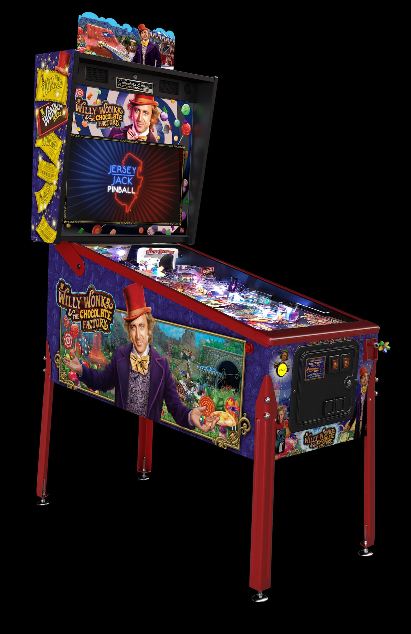 Willy Wonka themed pinball machine with colorful graphics and Jersey Jack logo
