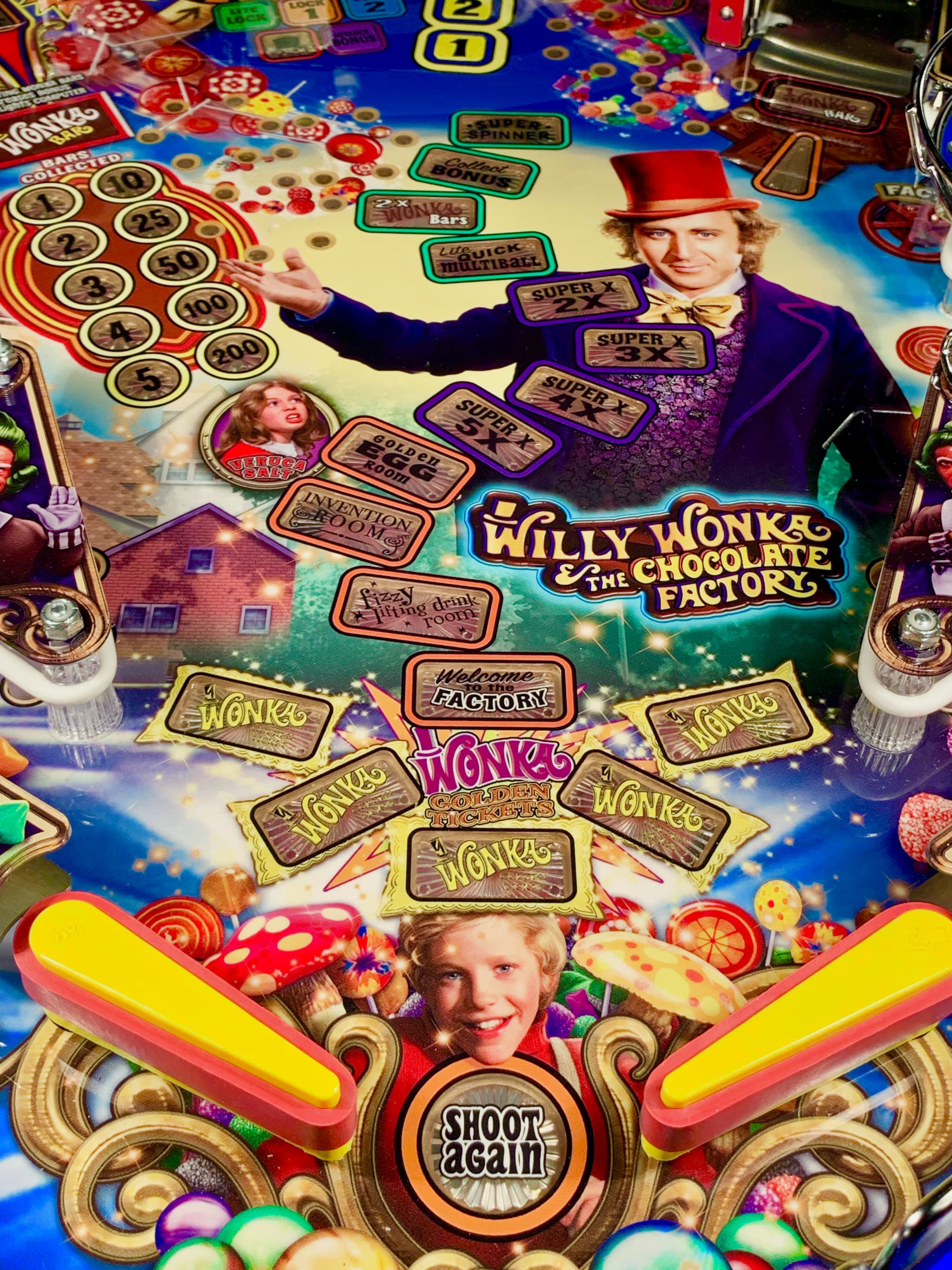 Willy Wonka themed pinball machine with colorful candy and bonus zones