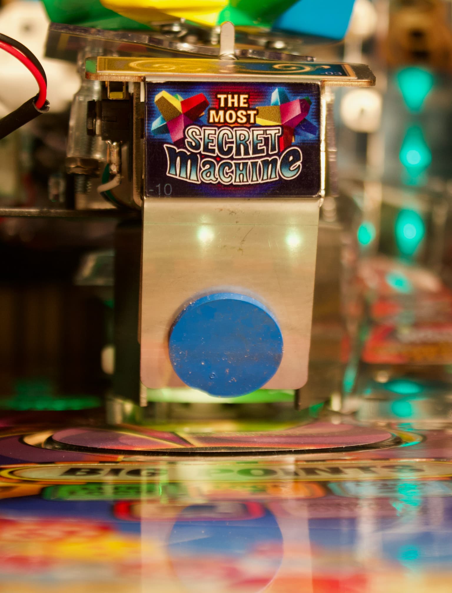 Vintage arcade machine labeled "The Most Secret Machine" with blue button