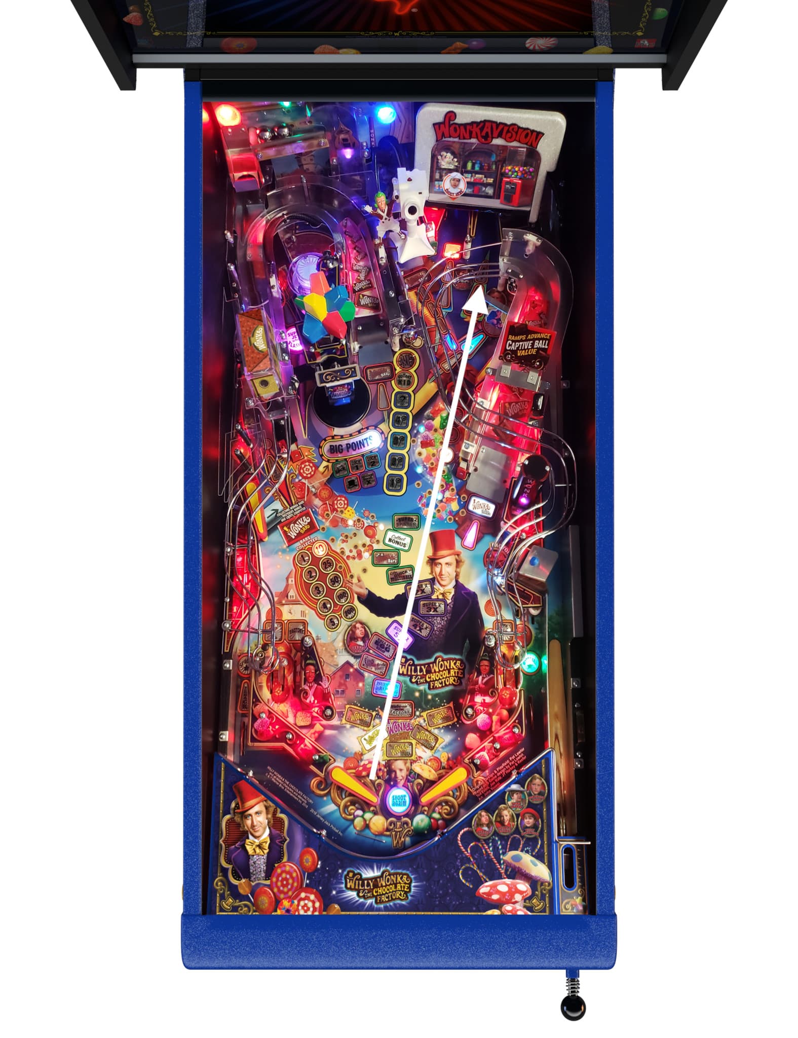 Willy Wonka-themed pinball machine with colorful lights and intricate design