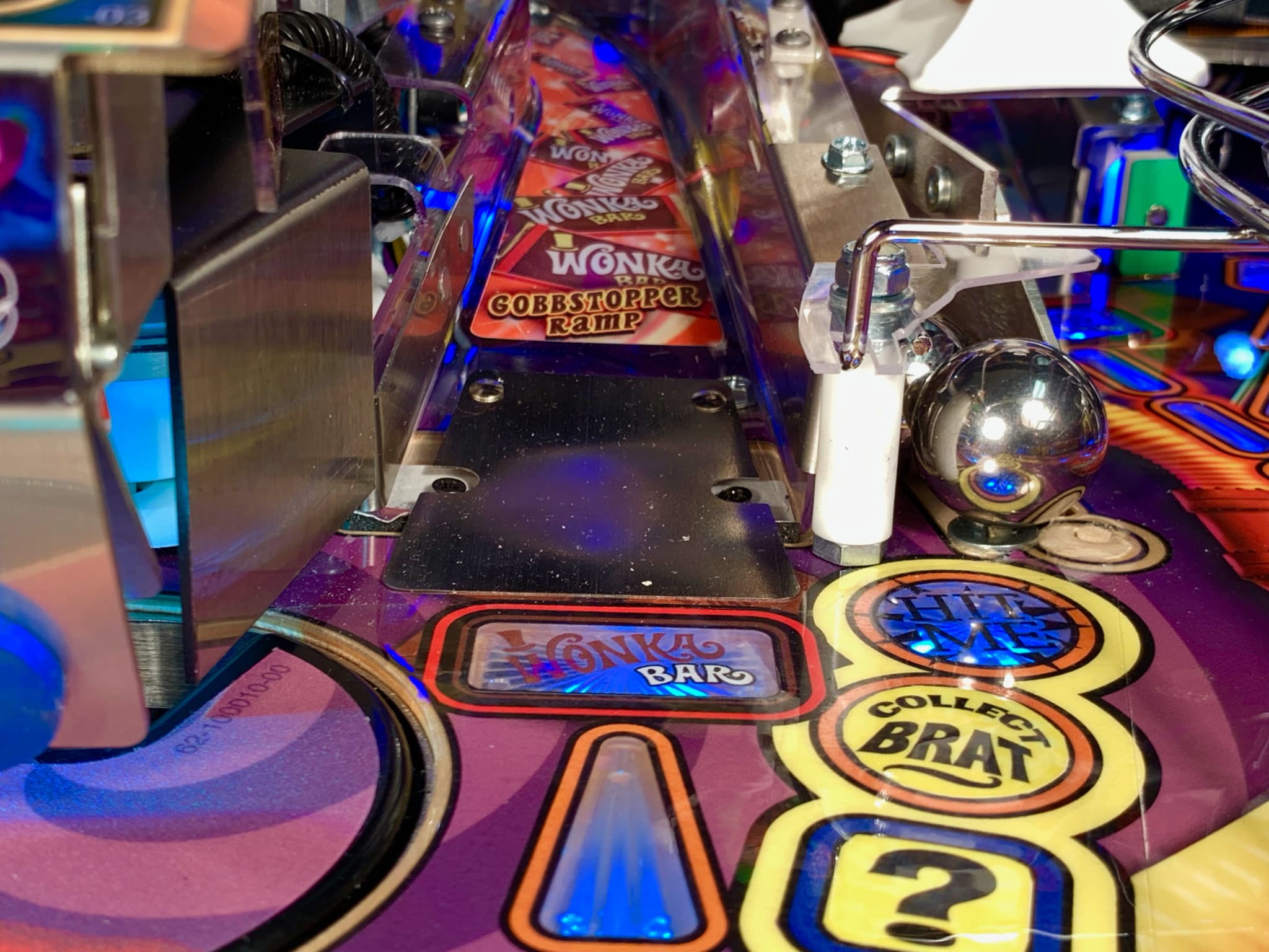 Wonka pinball machine with colorful playfield and silver ball