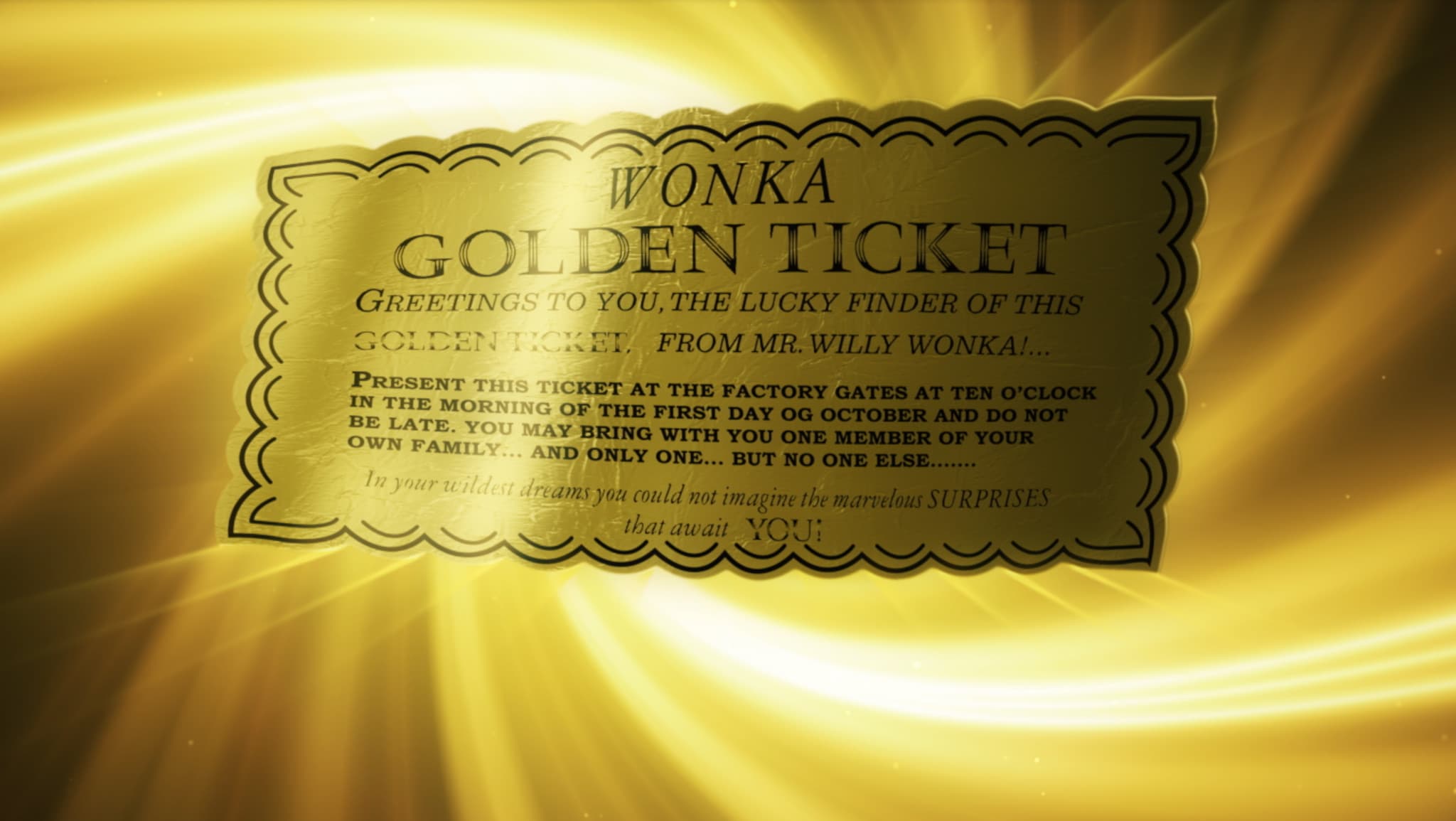 Golden Wonka ticket with invitation to chocolate factory on glowing background