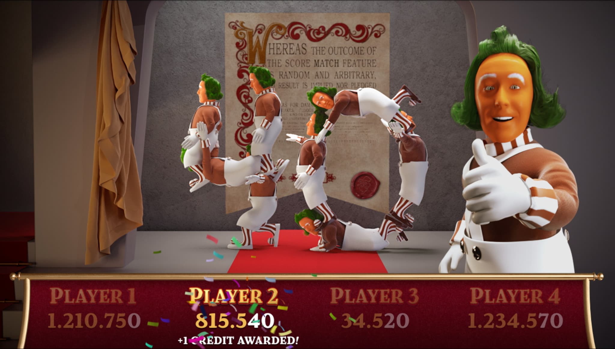 Oompa Loompa-like characters on stage with game scores and confetti