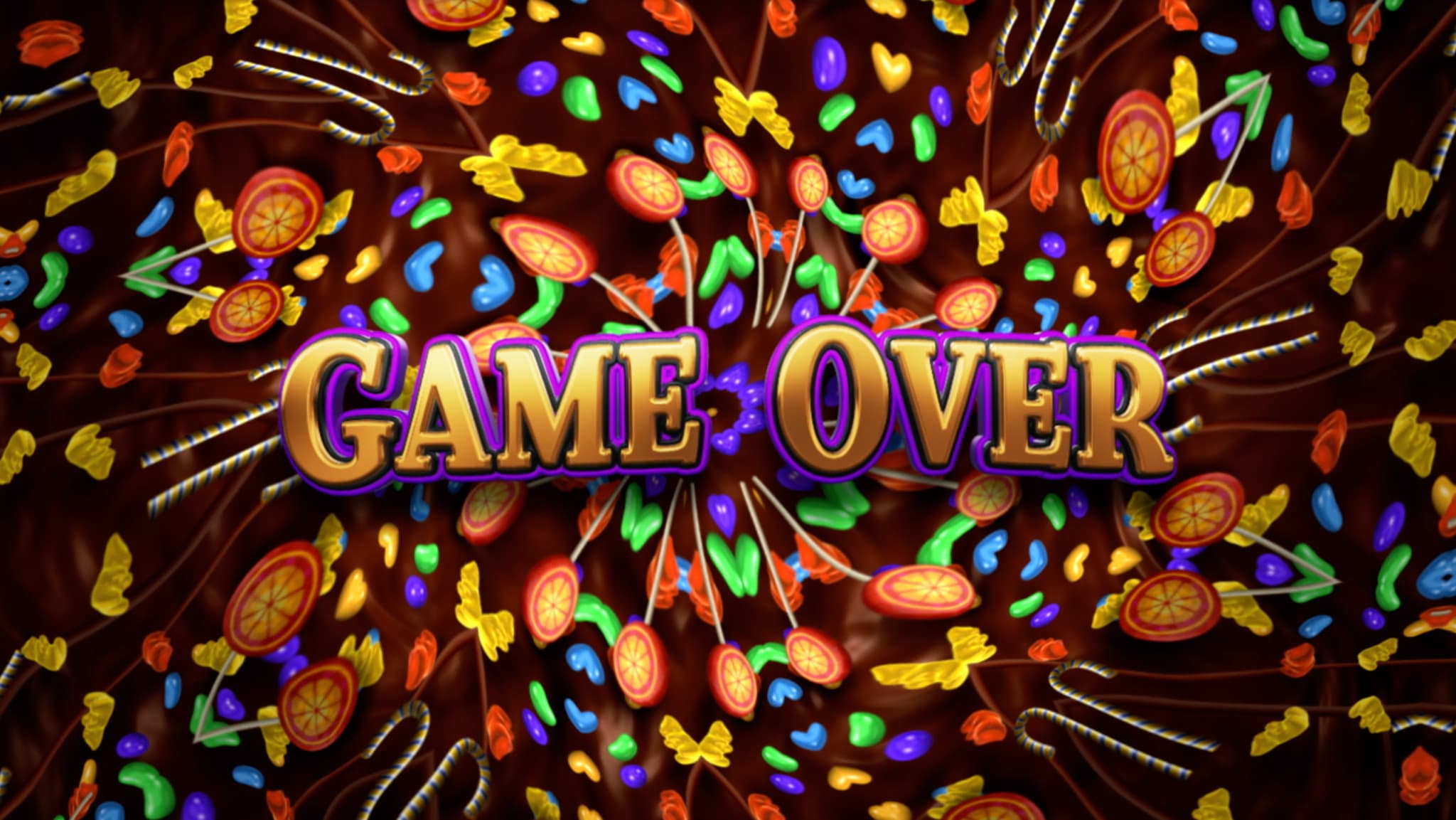 Colorful game over screen with explosive candy and fireworks background