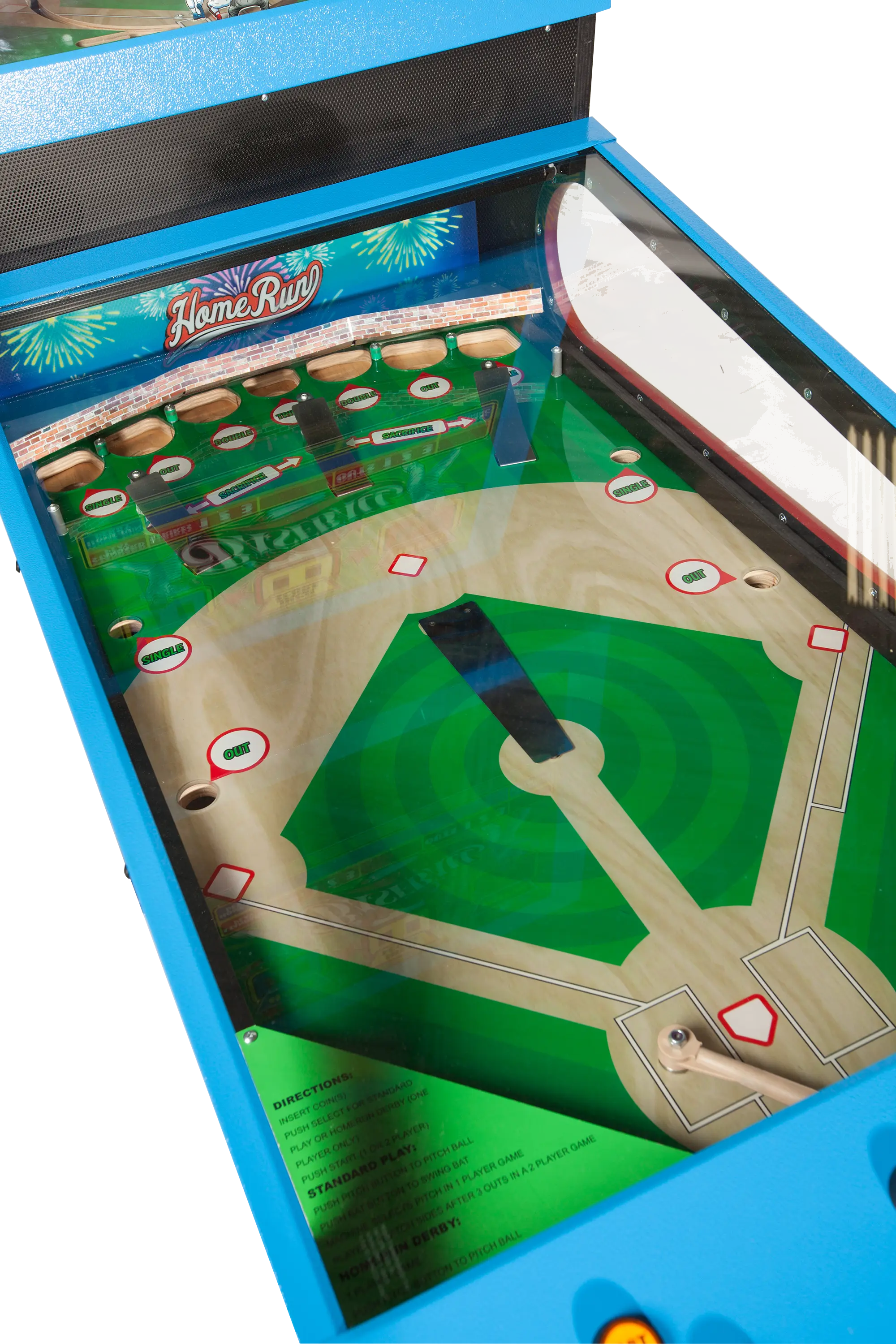 Home Run baseball pinball-style arcade game with green baseball field