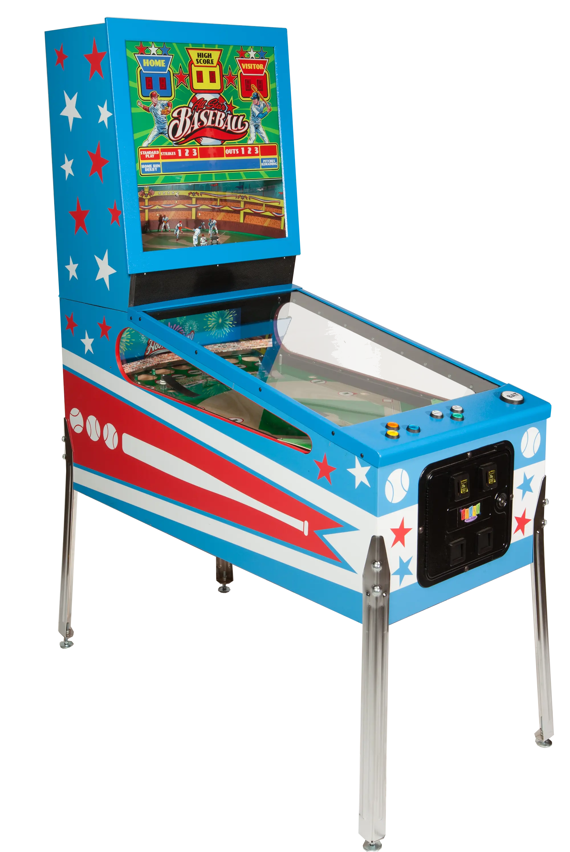 Vintage baseball-themed pinball machine with blue, red, and white design